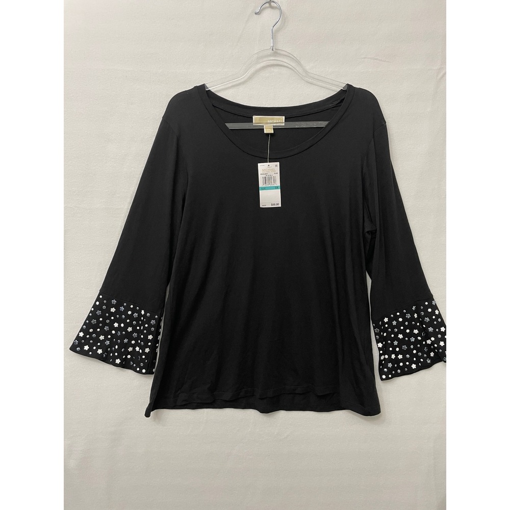New Michael Kors Bell Sleeve Top 0X Black Embellished Studded Evening Stretch